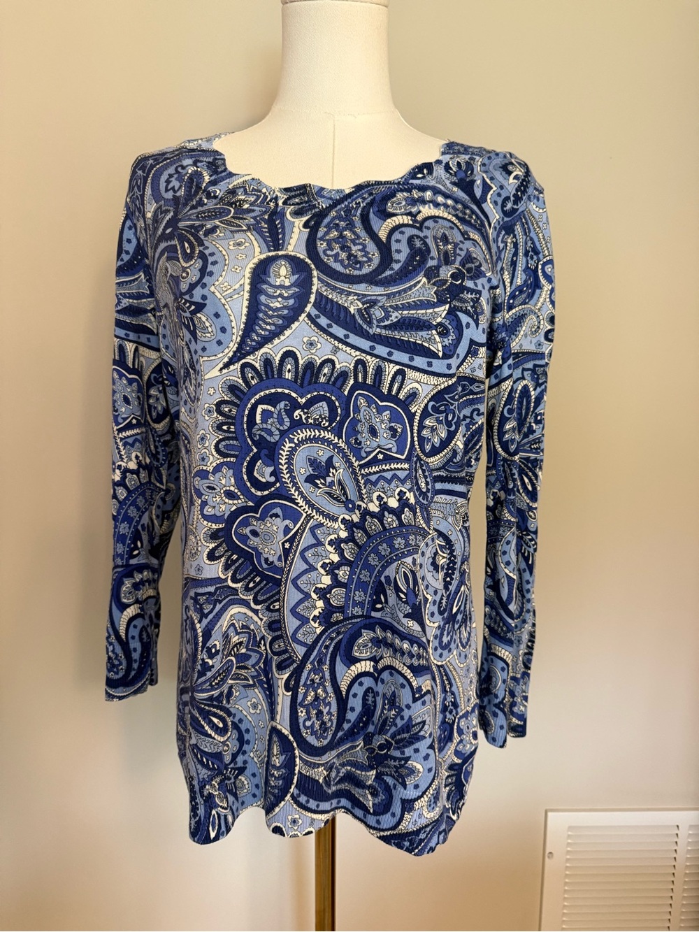 Talbots Blue Paisley Sweater Top Size M Coastal Granny Cottage Preppy Knit